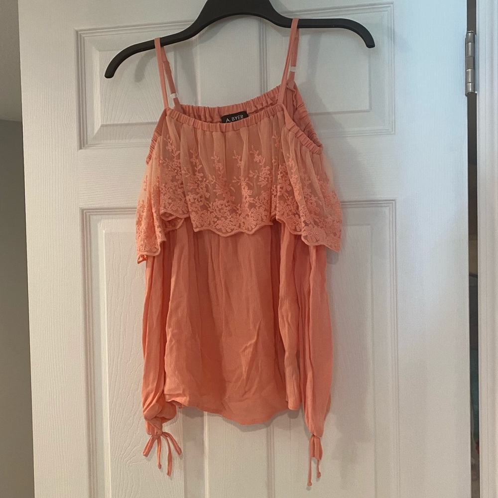 A. Byer peach off the shoulder too with lace S